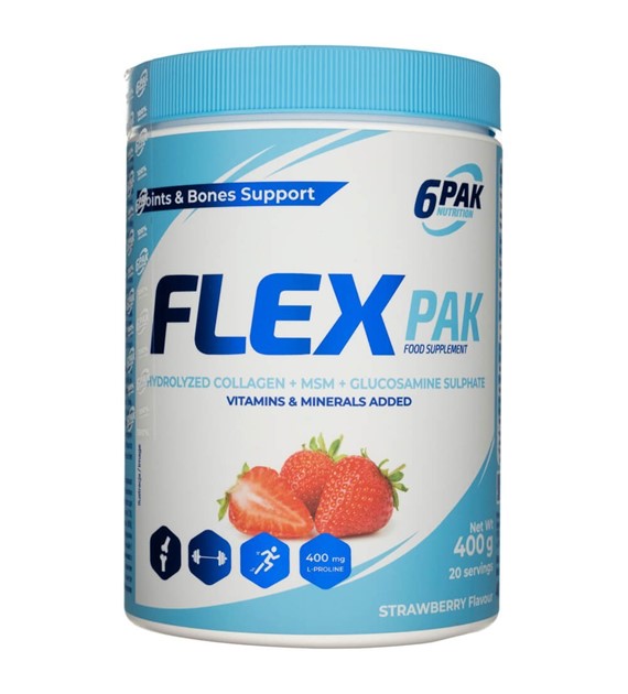 6PAK Flex Pak, Hydrolyzed Collagen + MSM + Glucosamine Sulphate, Strawberry Flavour - 400 g